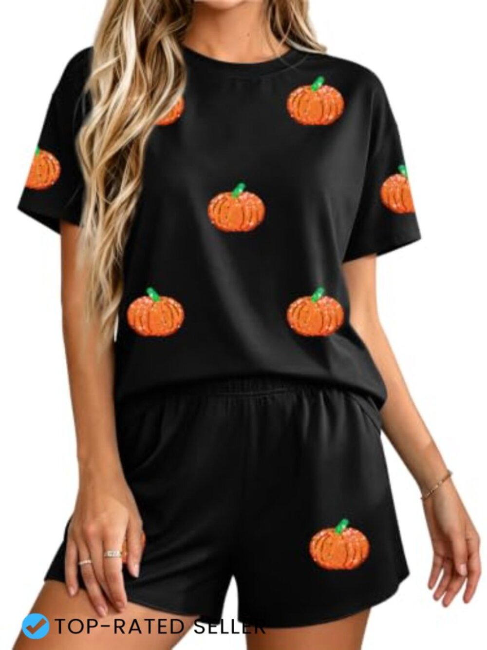 Women's Sequin Pumpkin Halloween Pajama Set Short Sleeve Sleepwear